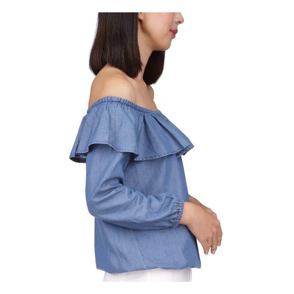 Michael Kors Women Denim Blue Cotton/Rayon Off-The-Shoulder Peasant Top Size XS - Picture 2 of 3